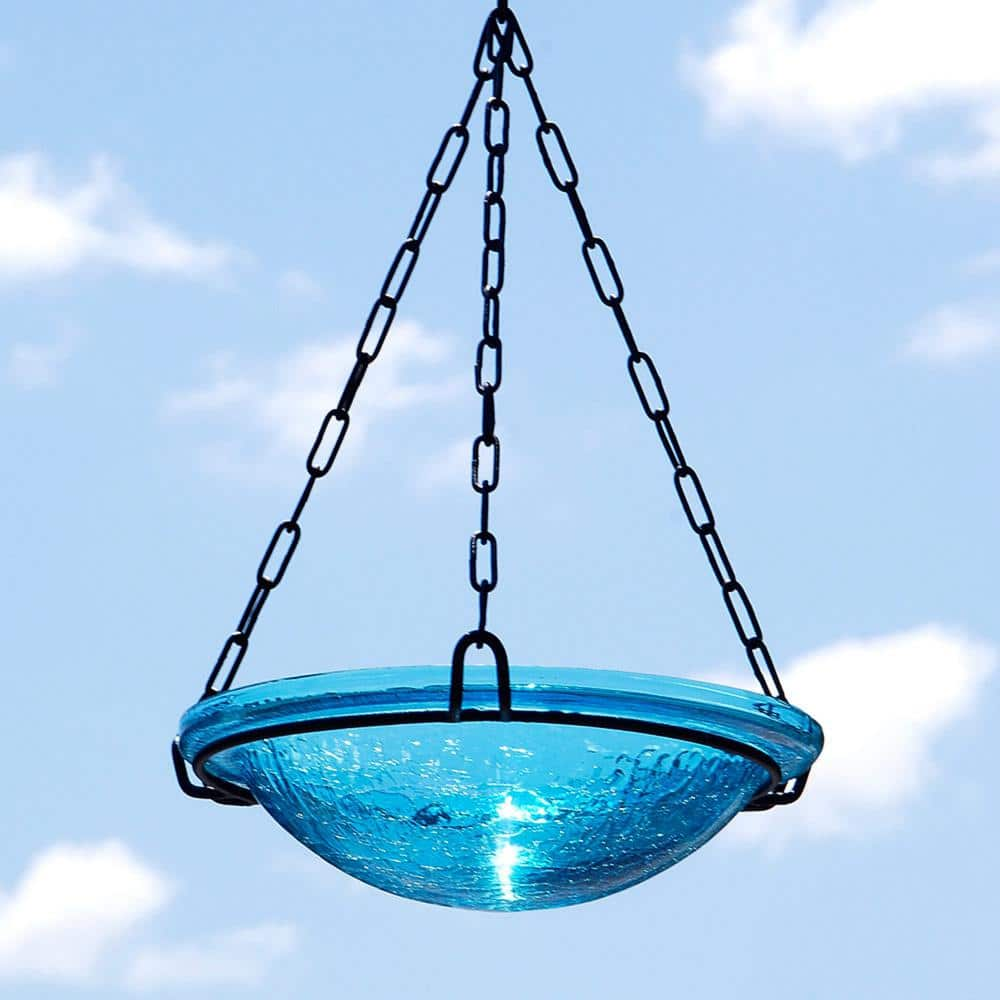 ACHLA DESIGNS 12.5 in. Tall Teal Crackle Glass Hanging Birdbath Bowl