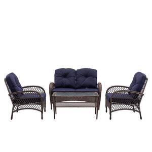 4-Piece Wicker Patio Conversation Set with 2 Navy Blue Cushioned Chairs 1 Loveseat and 1 Glass-Top Table