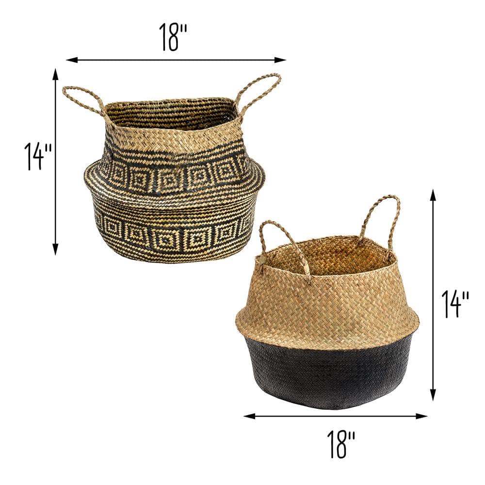 Modern Round Seagrass Folding Storage Baskets, Black & Natural