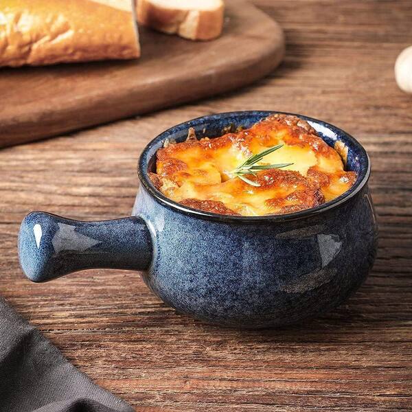 JFVKAF 4-Piece Blue Porcelain Onion Soup Bowls Set with Handles