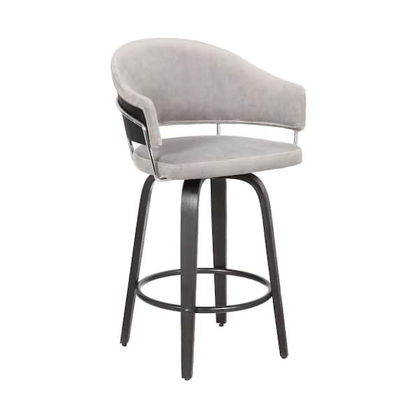 Armen Living Doral 26 in. Light Gray Velvet Barstool in Black Powder Coated Finish with Chrome and Black Brushed Wood