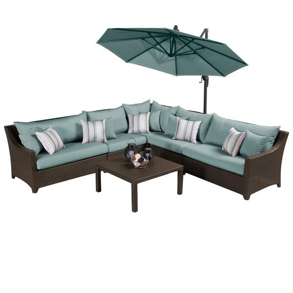 RST Brands Deco 6-Piece All-Weather Patio Sectional Set with 10 ft. Umbrella and Bliss Blue Cushions