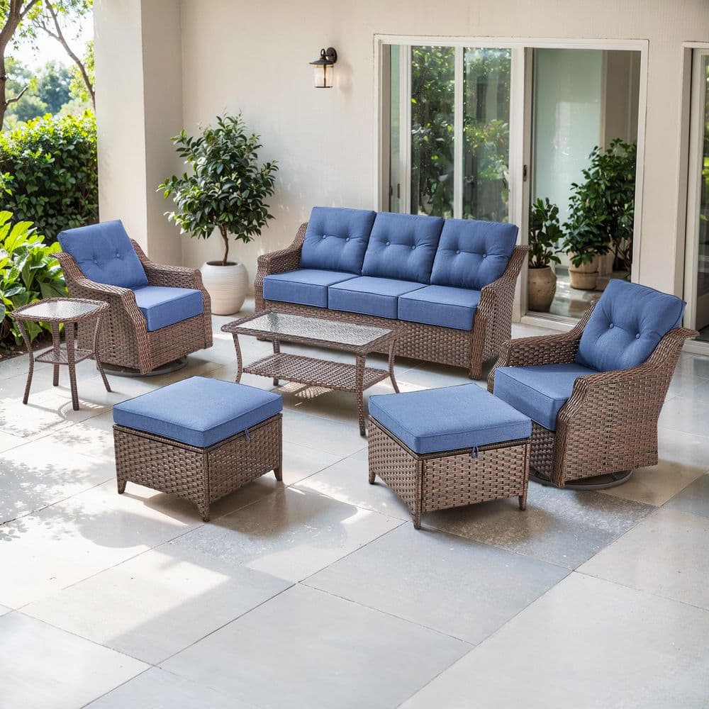 Artisan Brown 7-Piece Wicker Patio Conversation Set with 3-Seat Sofa, Swivel Rockers, and Olefin Navy Blue Cushions price history on PriceWatchPro