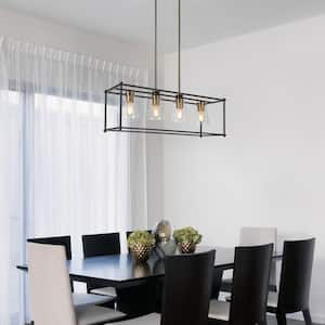 33.5 in 4-Light Black and Brass-Plated Modern Island Chandelier, Farmhouse Pendant Light with Cone Seeded Glass