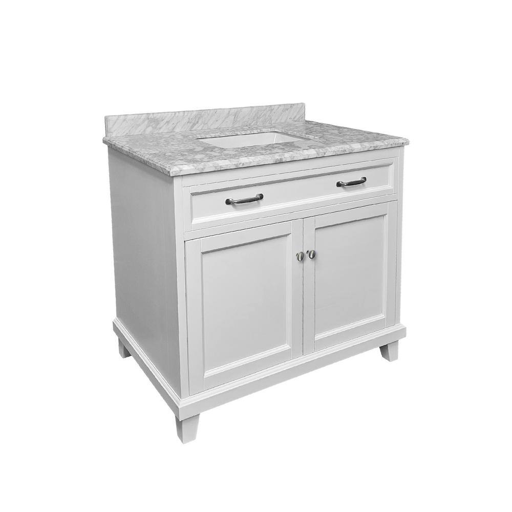 36" White Solid Wood Bathroom Vanity with Carrara Marble Top