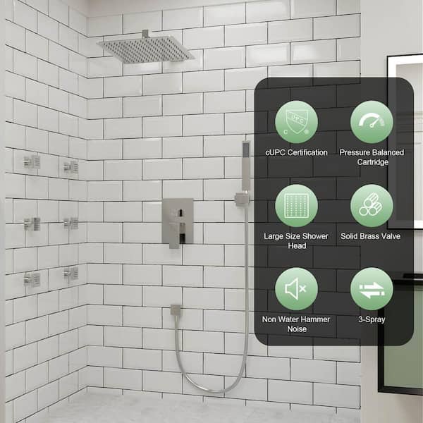 3-Spray Patterns with 2.0 GPM 12 in. Wall Mount Fixed Shower Head with Body Spray, Solid Brass Valve in Brushed Nickel