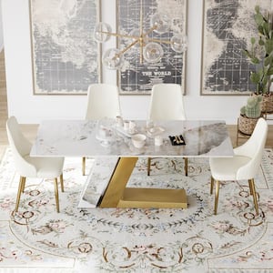 78.74 in. White Sintered Stone Tabletop Dining Room Table with Stainless Steel Base (Seats 8-10)