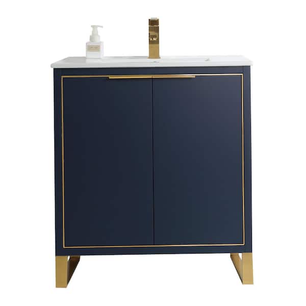 FINE FIXTURES Opulence 30 in. W x 18 in. D x 33.5 in. H Bath Vanity in Navy Blue with White Ceramic Top