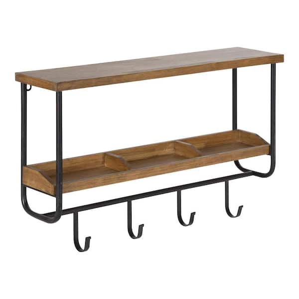 Kate and Laurel Oddell 5.90 in. x 23.81 in. Rustic Brown Wood Floating Decorative Wall Shelf with Hooks