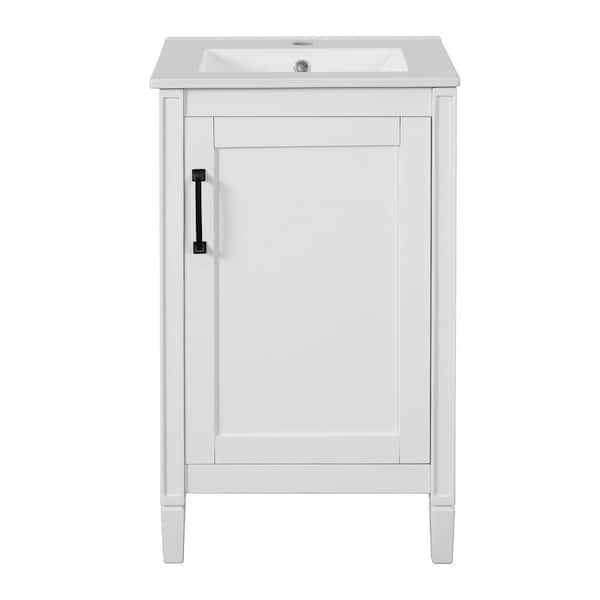 20 in. Single Sink Freestanding White Bath Vanity with White Ceramic Top, U-Shaped Shelf, Door Racks, Soft Close Door