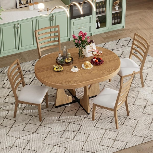 5-Piece Round Extendable Natural MDF Top Dining Table Set Seats 4