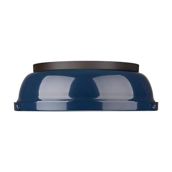 Duncan 14 in. 2-Light Rubbed Bronze Flush Mount with Blue Shade and No Bulbs Included 1-Pack