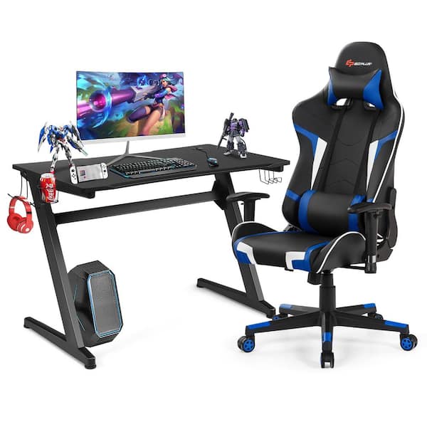 Costway 45.5 in. Black Z-Shaped Racing Style Desk and Black+ Blue Massage Gaming Chair Set for Home Office
