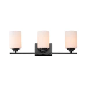 Aliana 22 in. 3-Light Matte Black Modern Vanity Light with Etched White Glass Shades
