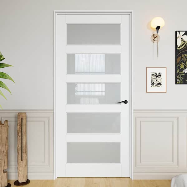 36 in. x 80 in. 5-Lite Frosted Glass Right White Solid Core Wood Single Interior Door with Quick Assemble Jamb