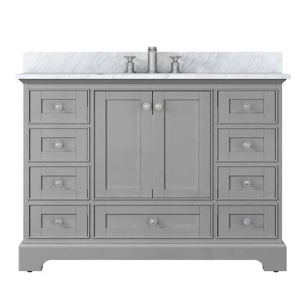 ANGELES HOME 48 in. W x 22 in. D x 34 in. H Solid Wood Bath Vanity in Gray with Carrara White Marble Top, Ceramic Sink and Backsplash