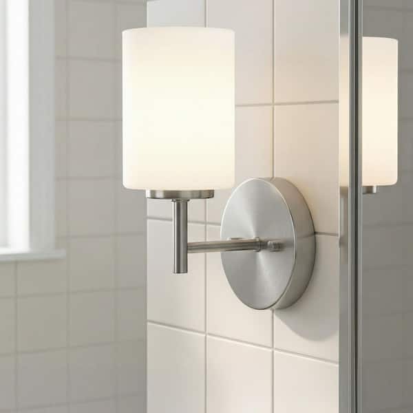Replay Collection 5-1/4 in. 1-Light Brushed Nickel Etched White Glass Modern Bathroom Vanity Wall Light