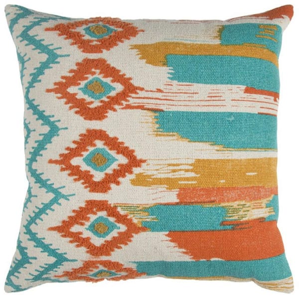 Ivory, Blue, Orange Solid Polyester 20 in. x 20 in. Throw Pillow