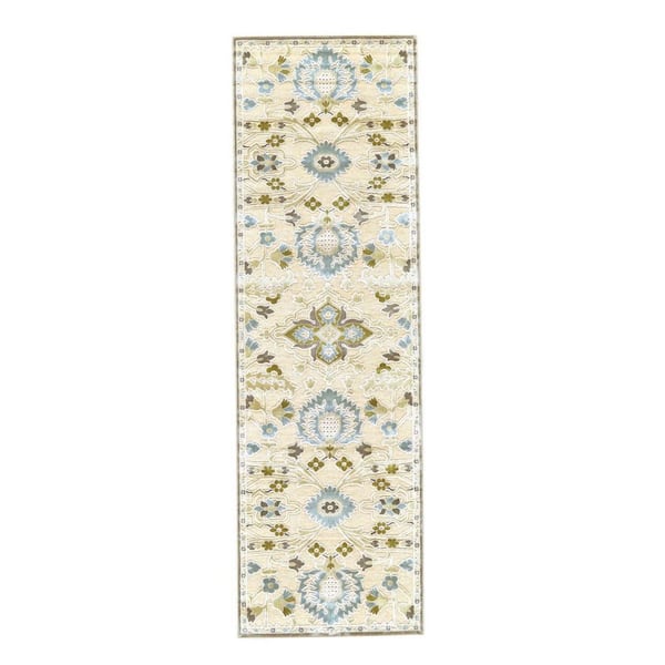 2 x 8 Tan, Blue, Gray Floral Runner Rug