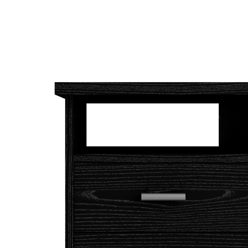 Black Woodgrain Desk with Four Drawers and Open Shelf