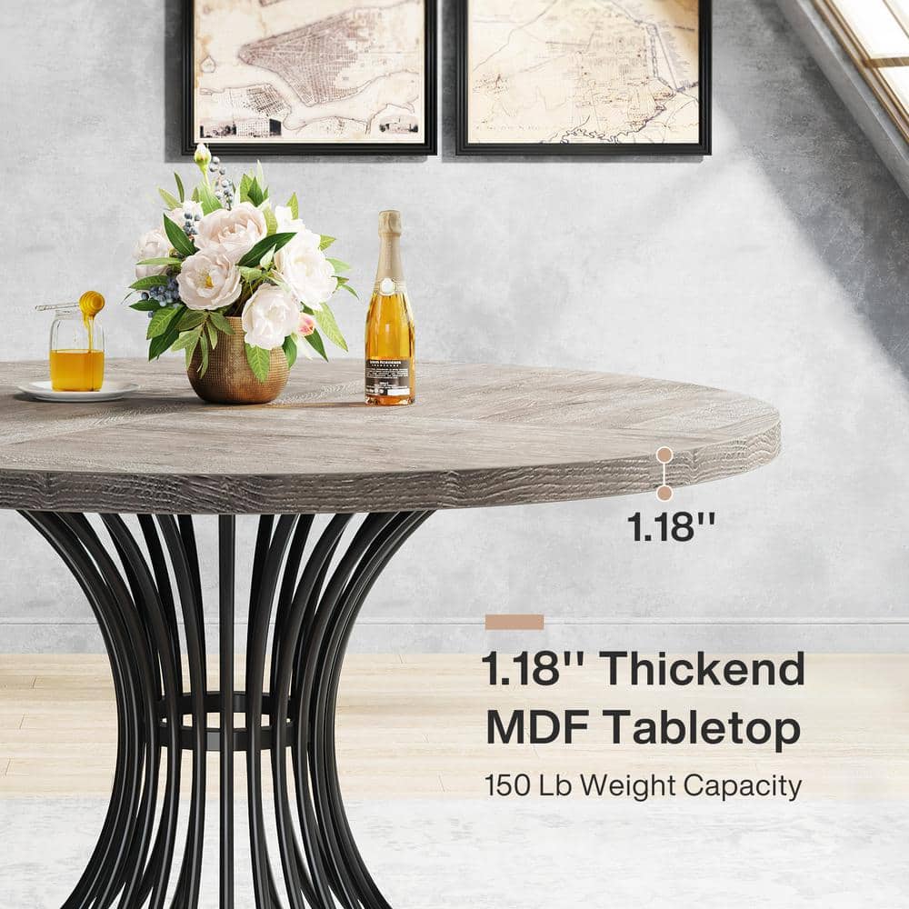 Gray 47-Inch Round Farmhouse Dining Table with Metal Base