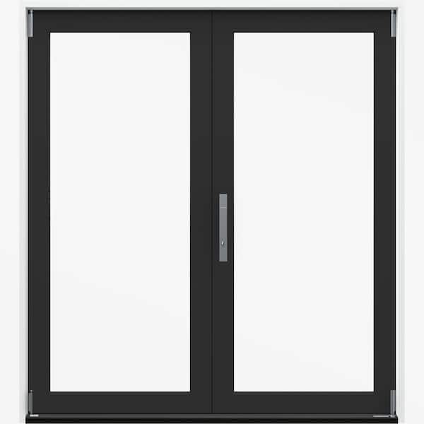 60 in. x 80 in. Right-Hand Folding Black Fiberglass 2-Panel Patio Door w/ Low-E Glass and Nickel Handle