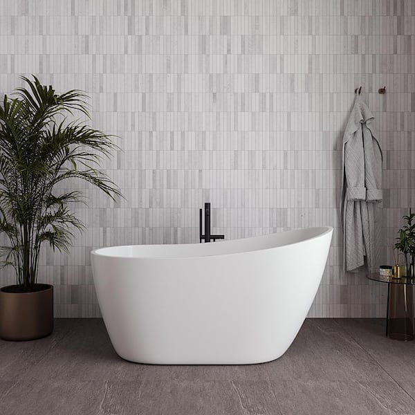 55 in. x 28 in. Acrylic Freestanding Soaking Bathtub in Glossy White with Matte Black Drain