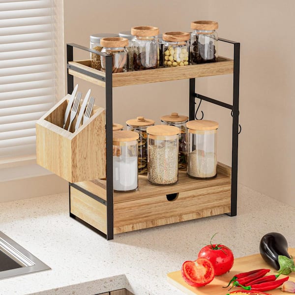 2-Tier Wood Bathroom Counter Organizer with Drawer and Basket for Bathroom Kitchen Storage, Light Brown