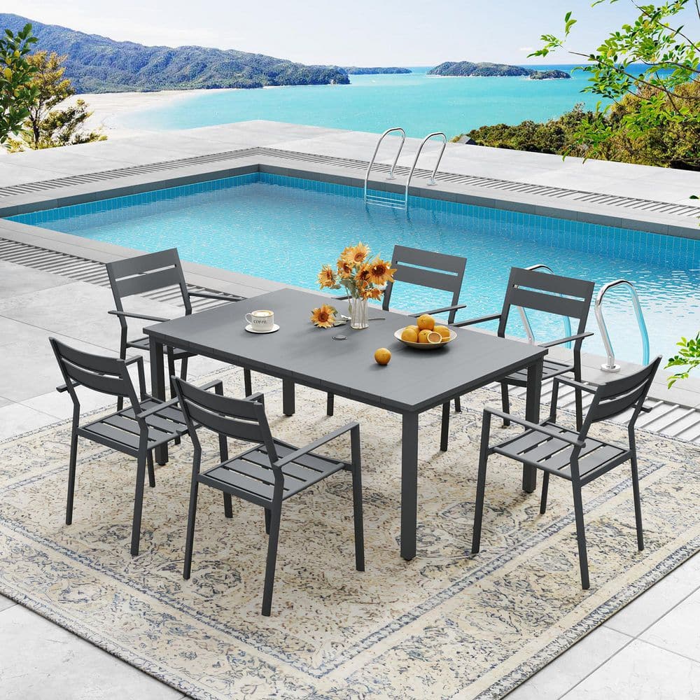 7-Piece Metal Outdoor Patio Dining Set with 63 in. Grey Rectangle Slatted Table and 6 Grey Stackable Dining Chairs price history on PriceWatchPro