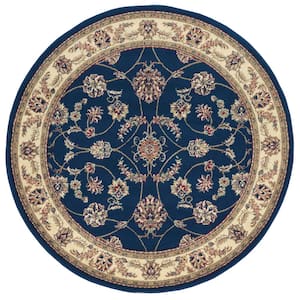 Como Navy 5 ft. Round Traditional Oriental Scroll Area Rug