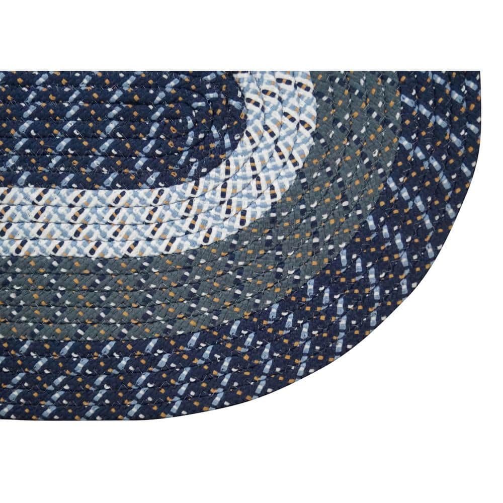 Dark Blue Stripe Oval Braided Reversible Synthetic Area Rug