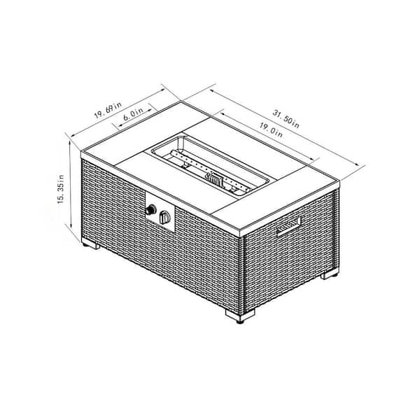 32 in. Propane Gas Fire Pit Table, 50000 BTU Rectangular Fire Pit, Tile Tabletop with Beautiful Wicker Base