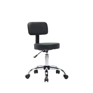 Black Adjustable Drafting Stool with Wheels and Backrest, Faux Leather Space-Saving Rolling Stool