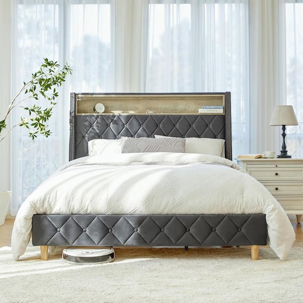 JAYDEN CREATION Candido Dark Gray 81.5 in. Upholstered Wood Frame King Panel Bed Charging Stations and Integrated Motion-Sensor Lights