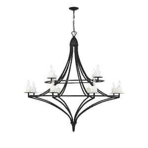 Director 50 in. W x 50 in. H 12-Light Matte Black Chandelier with Genuine Stone Candle Sleeves