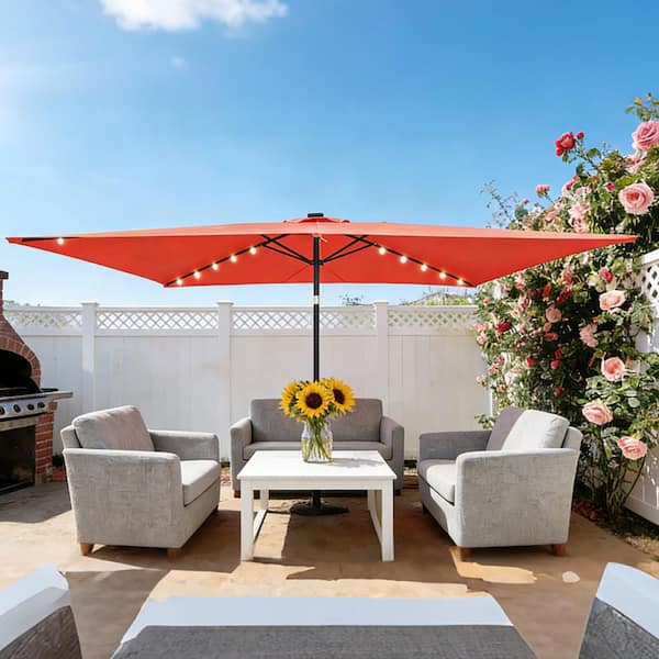 10 ft. Steel Patio Umbrella in Light Brick Red with LED Lighted and Push Button Tilt