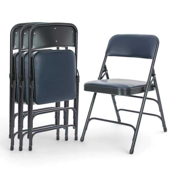Bernadine Vinyl Triple Brace Metal Folding Chair, Dark Blue, Pack of 4