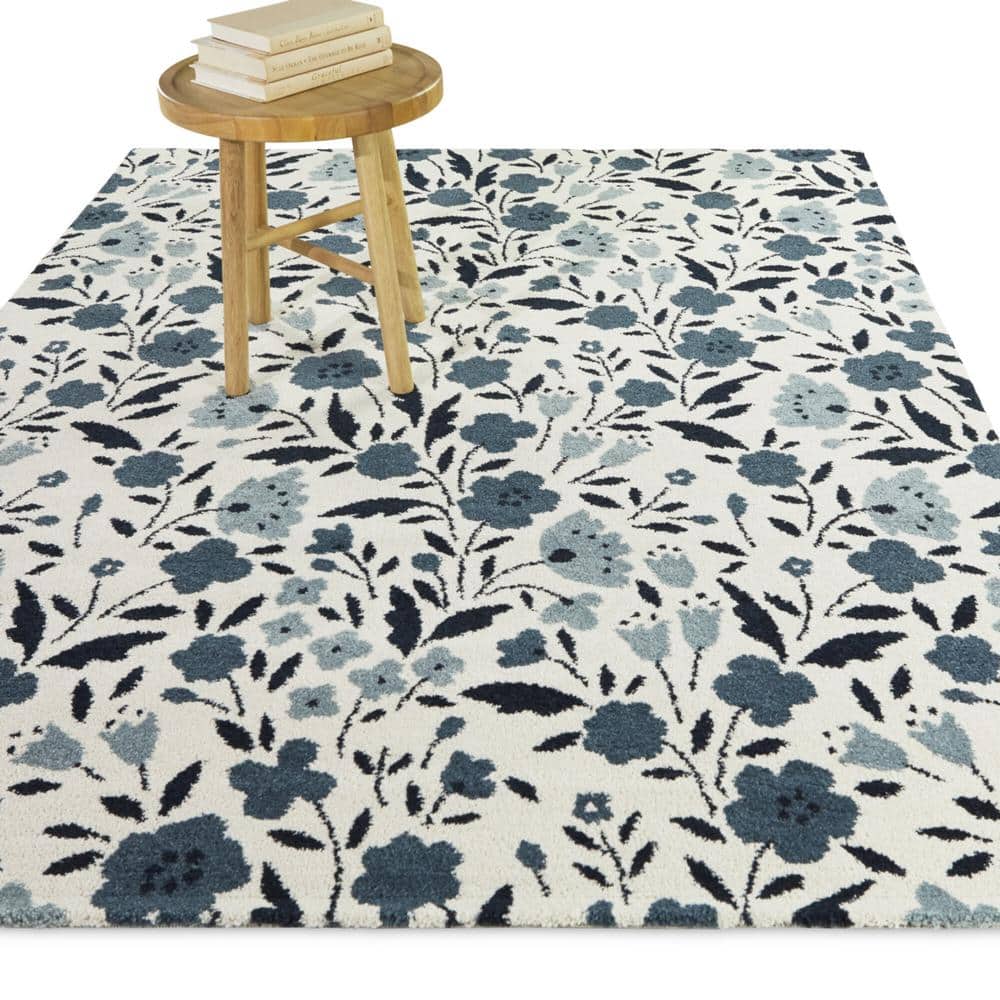 Kelsey Cream and Blue Floral Stain-Resistant Synthetic Area Rug