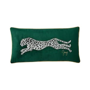 Embroidered Green Velvet Leopard 14 in. x 24 in. Throw Pillow