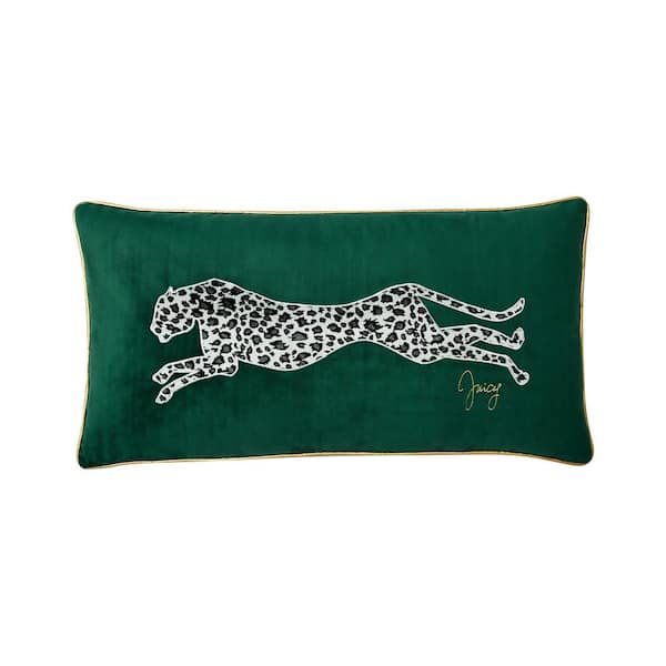 JUICY COUTURE Embroidered Green Velvet Leopard 14 in. x 24 in. Throw Pillow