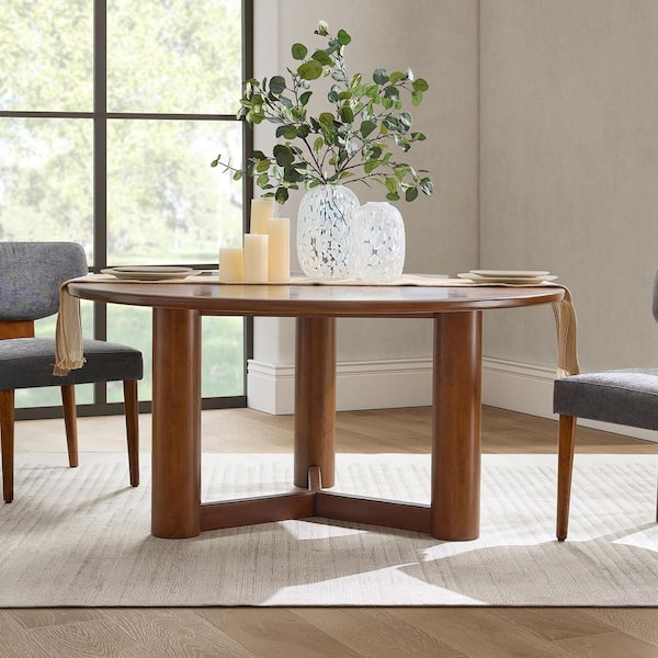 Jacinto Farmhouse Walnut Solid Wood 60 in. Pedestal Dining Table Seats 6