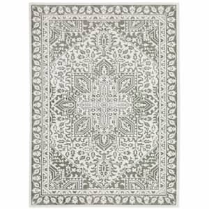 3' X 5' Grey And White Oriental Power Loom Stain Resistant Area Rug