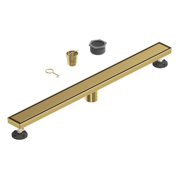 32 in. Linear Shower Drain, Square Grid Pattern 304 Stainless Steel Floor Drain with Hair Strainer, Brushed Gold