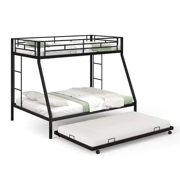 Costway Black Twin Over Full Metal Bunk Bed With Trundle Slats Support for Teens Adults