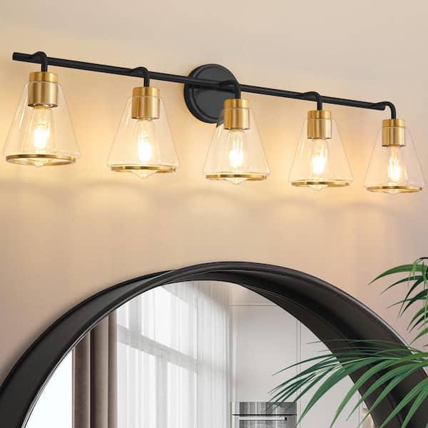 Deyidn Modern 38.5 in. 5-Light Black and Gold Vanity Light with Glass Shade with Metal Ring, Dimmable Sconces Wall Lighting