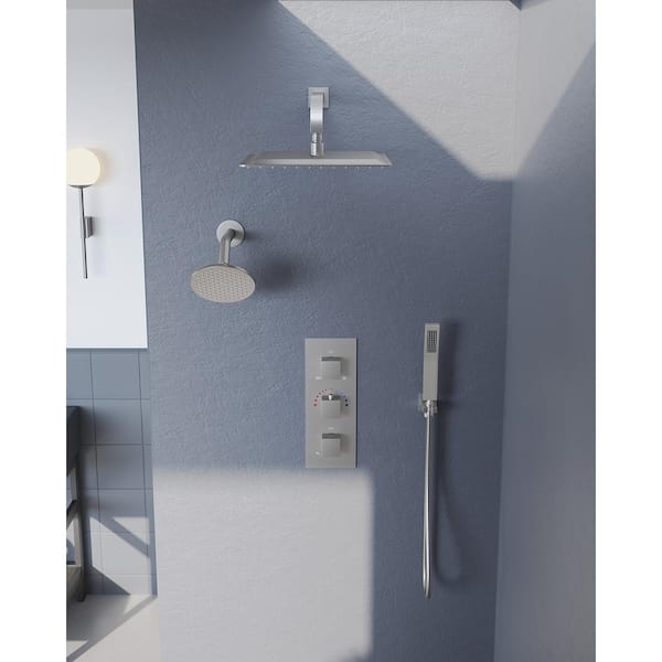 GRANDJOY ZenithRain Shower System 5-Spray 12 and 6 in. Dual Wall Mount Fixed and Handheld Shower Head 2.5 GPM in Brushed Nickel