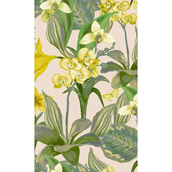 Walls Republic Creme and Green Hand Painted Orchids Print Non-Woven Paste the Wall Textured Wallpaper 57 sq. ft.