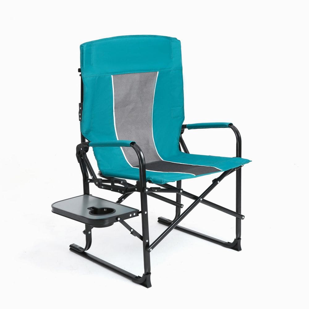 Blue folding lawn chair with teal fabric and grey mesh back.