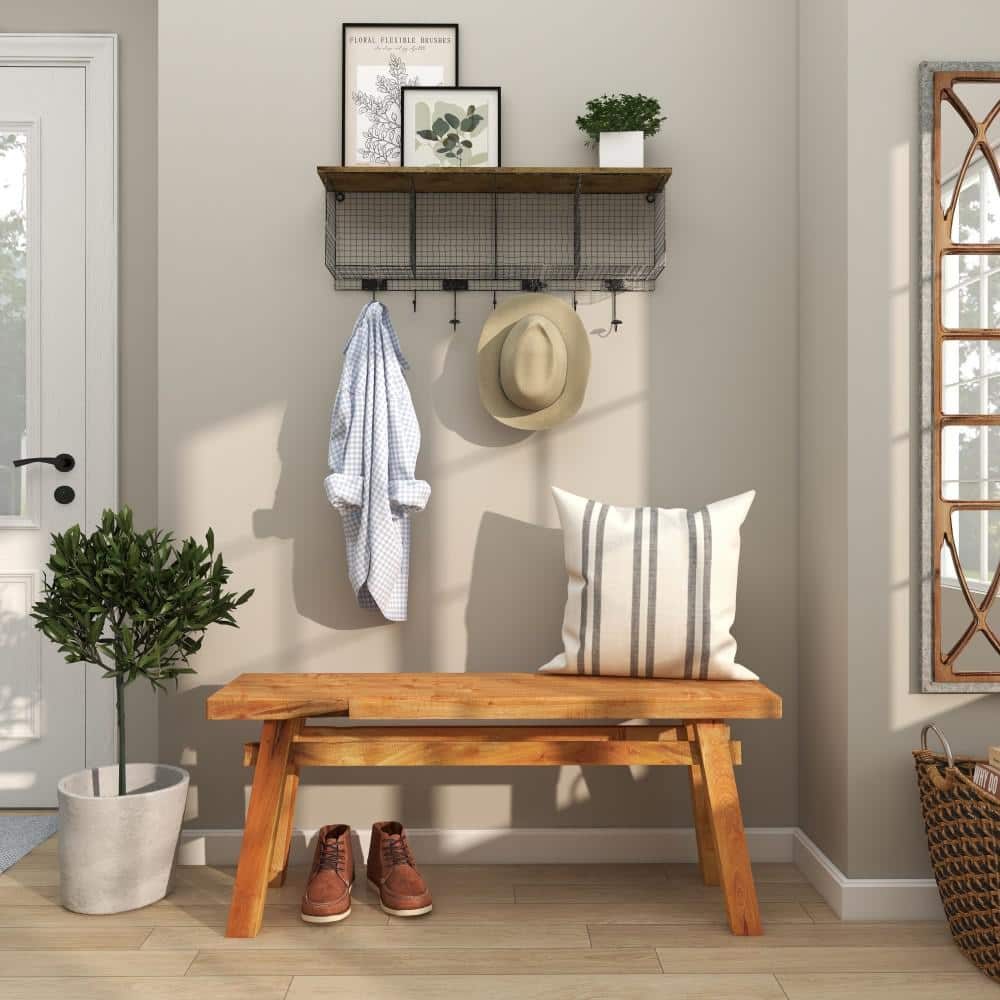 Rustic Trestle-Legged Pale Brown Wood Storage Bench