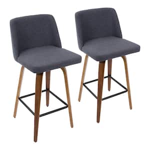 Toriano 26 in. Walnut and Blue Fabric Counter Stool with Black Square Footrest (Set of 2)